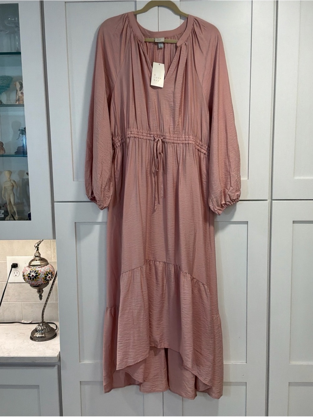 NWT A New Day Pink Hi-Low Maxi Dress Drawstring Waist Tiered Long Slv V-Neck L